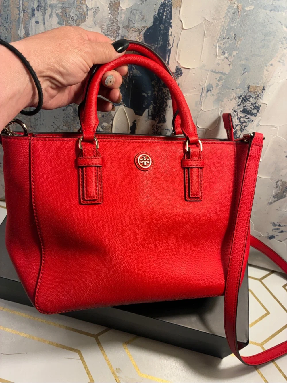 NWOT Tory Burch Bright Red Robinson Leather Satchel with Detachable Strap